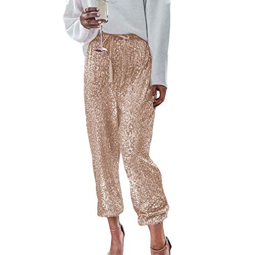 QIYUN.Z Womens Black Sequin Bling Legging Joggers Leather Pencil Pants with Drawstring Light Gold XL QIYUN.Z Womens Black Sequin Bling Legging Joggers Leather Pencil Pants with Drawstring Light Gold XL