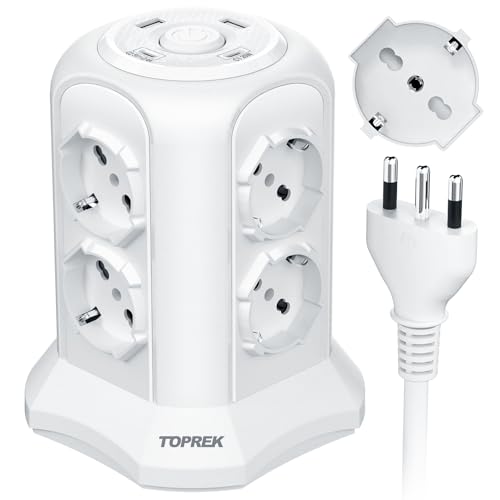 TOPREK Pionowe gniazdo wielofunkcyjne z 8 gniazdami uniwersalnymi ITA 10/16A i Schuko oraz 2 USB C i 2 USB A(USB-C1 20W PD3.0 szybkie ładowanie), 4000W/16A, Ciabatta Wielofunkcyjne gniazdo z przełącznikiem, 2M Kabel, Wtyczka 16 A, Biały co