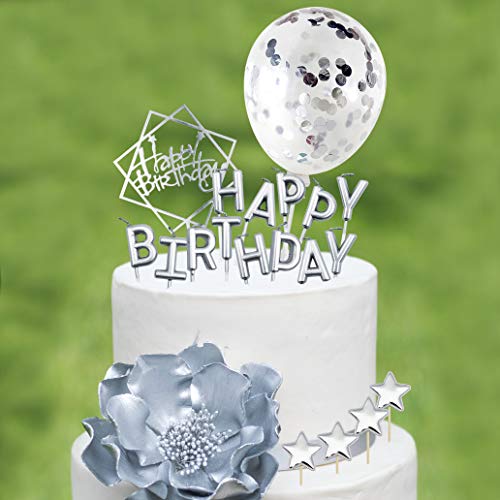 Movinpe Slivery Cake Topper Decoration With Sliver Happy Birthday Candles Happy Birthday Banner Confetti Balloon Stars For Rose Gold Theme Party Decor Boy Girl Kid Men Women Birthday Party #TOP3