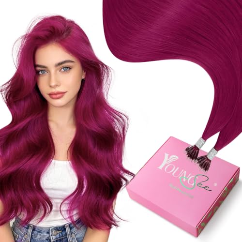 Image of YoungSee Nano Ring Hair Extensions Magenta 22 inch Nano Bead Hair Extensions Human Hair Burgundy Nanobead Human Hair Extension Colored Nano-Ring Hair Extension Remy Hair 1g /strands 25g 25 Strands