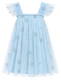 JiAmy Mädchen Sommerkleid Schmetterling Flügelärmel Volantärmel 130, Blau