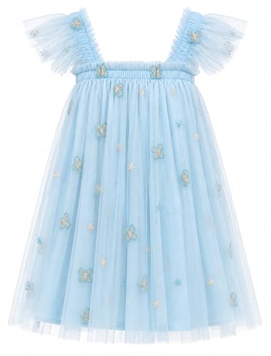 Image of JiAmy Baby Girl Tulle Dress Sleeveless Butterfly Embroidered Princess Birthday Wedding Party Summer Dresses for Toddlers 3-4 Years,Blue