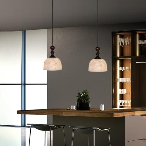 KAJYLFAST White Ceramics Lampshade Pendant Light with E26/E27 Wood Base Pendant Lamp 8.4in Kitchen Island Decorative Hanging Light