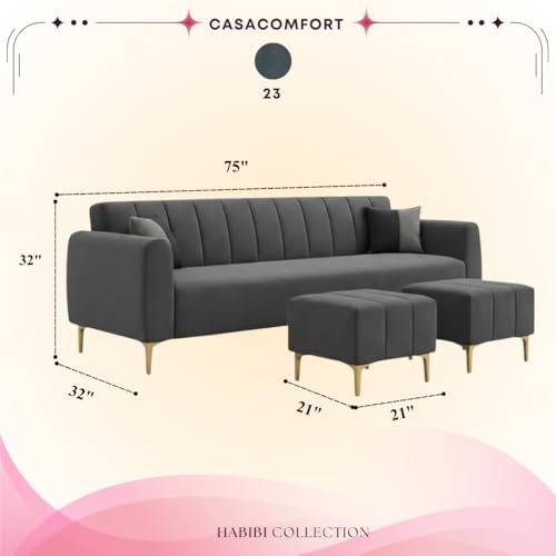 Image of Habibi 5 Seater L Shape Sofa Set with 2 Movable Ottomans | Flexible Layout | Rich Velvet Suede Fabric | Silver Legs | Modern Sofa for Living Room (Dark Grey)