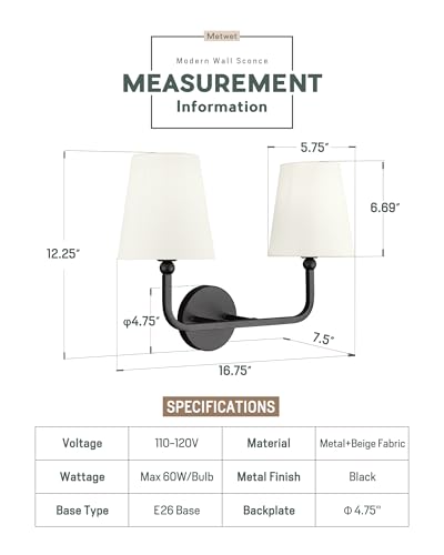 Image of 2-Light Bathroom Light Fixtures, Matte Black Vanity Lights, Double Wall Sconce with Beige Fabric Shade, Modern Sconces Wall Lighting for Hallway Bedroom Stairway, VL837-MB-B-2
