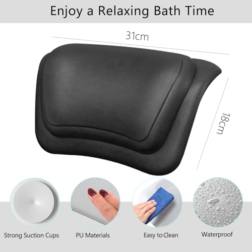 Koelaa Badewannenkissen Wasserdicht mit Saugnäpfen, Ergonomisches Badekissen für Badewanne, Kopf- Nacken- und Rückenstütze, Rutschfestes Wannenkissen für Entspanntes Home-Spa - Schwarz