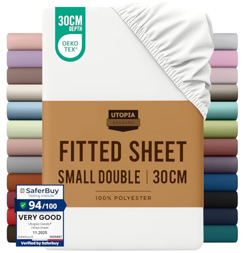 Utopia Bedding Fitted Sheet Small Double / 4ft White - Deep Pocket 12 inch (30 cm) - Easy Care - OEKO-TEX Certified - Soft Brushed Microfibre Fabric - Shrinkage and Fade Resistant - Bottom Sheet