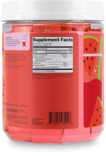 Image of Wellah Creatine for Women (Watermelon Slush) 30 Stick Packs, 3g Per Serving | With Dandelion, D-Mannose & Cranberry Extract, To-Go Packets