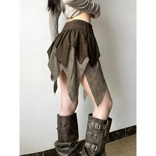 Brown Skirt Ruched A Line Layered Patchwork Zipper Asymmetrical Fall Trendy Elegant Streetwear Mini Skirt4