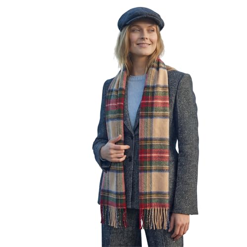 Biddy Murphy 100% Irish Wool Scarf for Women & Men Soft & Warm Plaid Tartan Dress Stewart Red Cream Green 12 x 71 Made in Ireland
