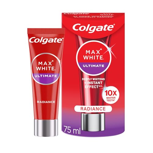 Colgate Max White Ultimate Radiance Whitening Toothpaste 75ml - 10X Whiter Teeth* - Instant Teeth Whitening Toothpaste^ - Deeply* Whitens - Helps Prevent Future Stains - Enamel Safe for Daily Use