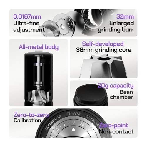 Image of MAVO Manual Coffee Grinder, Shadow Wand Hand Coffee Grinder, Capacity 25g with CNC Stainless Steel Pentagon Conical Burr, Adjustable Setting, Burr Coffee Bean Grinder for Pour Over, Espresso (Silver)
