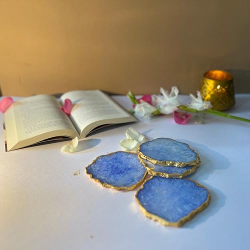 Image of Natural Agate Stone Tea Coasters Set | Premium Stone Coasters for Tea, Coffee & Glass | Heat Resistant Coasters for Dining Table, Office Desk & Home Decor | Pack of 4 | Color -Blue