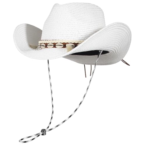 EOZY Cowboyhut Strohhut Damen Sonnenhut Sommer Strandhut Westernhut Panama Hut M Weiß