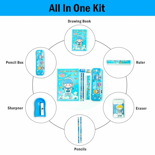 Toy Imagine Cute Stationery Set - 8-Piece School Supplies Kit for Kids - Includes Pencil Case, Pencils, Ruler, Drawing Book, Sharpener, Eraser, and Transparent Pouch (Color May Vary - Blue or Green) - Image 3