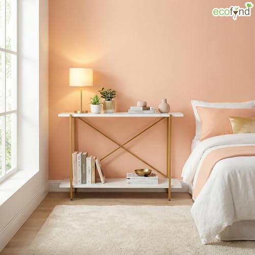 Image of ecofynd Elix Jr 35 Inch Console Table, Metal with Engineered Wooden top Long Narrow Hallway, Entryway, Living Room, Dining Room, Office, Home Side Table Storage Shelves, 35 inchX 9 inchX 28 inch (WHTGO, CT002)