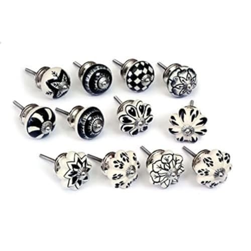 Juego de 12 pomos de cerámica en blanco y negro pintados a mano con diferentes diseños. Tiradores artesanales para armarios, cajoneras, cómodas y colgadores. Pomos cerámicos clásicos de 40mm diámetro