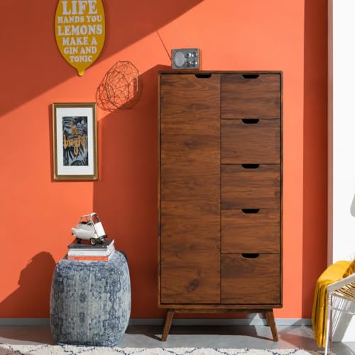 Image of Solid Sheesham Wood Tall Storage Cabinet with Drawers & Door | Wooden Multipurpose Organizer Cabinet for Bedroom Living Room Hallway | Mid Century Style Wardrobe Chest Storage Unit