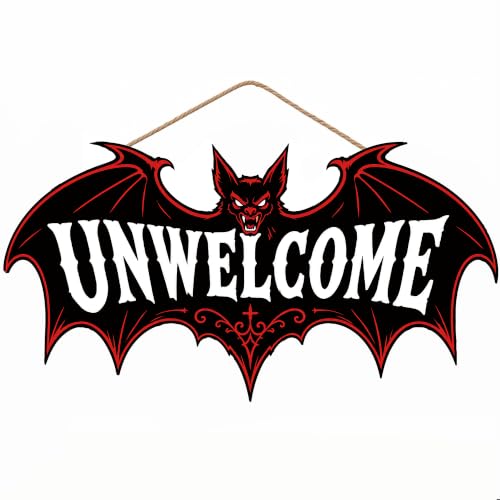 Image of Halloween Decorations - Funny Gothic Bat Wooden Sign for Front Door | Unwelcome Bat Halloween Wood Wreaths Door Sign Decor- Halloween Party Favors Supplies for Home Wall Decor Outdoor Indoor