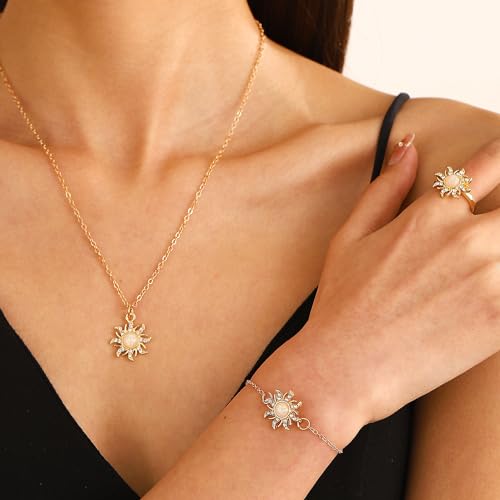 Dopamine Opal Sun Necklace Bracelet with Ring Set Shining Crystal Sunflower Pendant Jewelry Set 3pcs Sun Flower Jewelry3