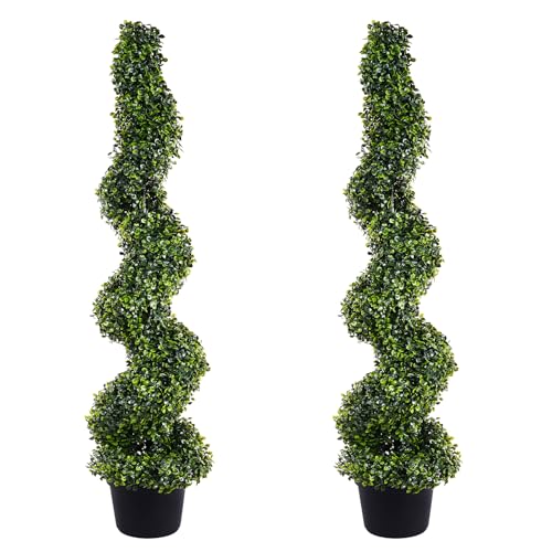 4FT Artificial Boxwood Spiral Topiary Trees, 4ft Tall (2 Pieces) Faux Plant Outdoor, All-Year Green Fake Plant with Replaceable Leaves for Decorative/Indoor/Porch/Garden