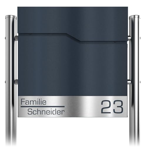 Graviers Design Briefkasten in Anthrazit RAL 7016 mit Standfuß freistehend - Postkasten personalisiert Edelstahl Namen Schild Hausnummer Laserschnitt Gravur - mit Schloss Zeitungsfach