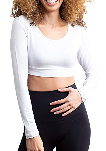 Halftee Long Sleeve Modal Crop Top - Modest - Comfortable Layering Top, White, Large