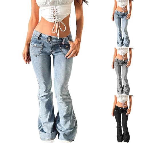 Low Rise Jeans for Women Bell Bottom Skinny Bootcut Washed Jeans with Pockets Double Button Tummy Control Pants Juniors Butt Lifting Oversized Pants Boho 2025 Summer Y2k Petite Hip Hugger Jean