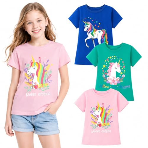 Image of HILEELANG Girl Short Sleeve Tee Shirts Cotton Casual Summer Graphic Tops T-Shirts Multipack