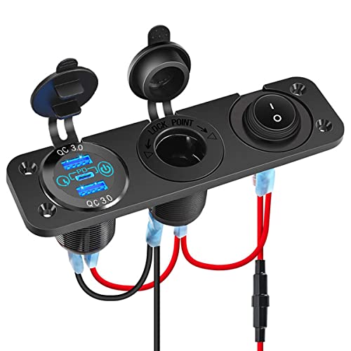 Pannello caricabatterie da auto, 12V-24 porte USB doppie QC3.0 + porta PD presa di ricarica con interruttore di tocco- adattatore accendisigari + interruttore ON/OFF (Pannello a 3 fori)