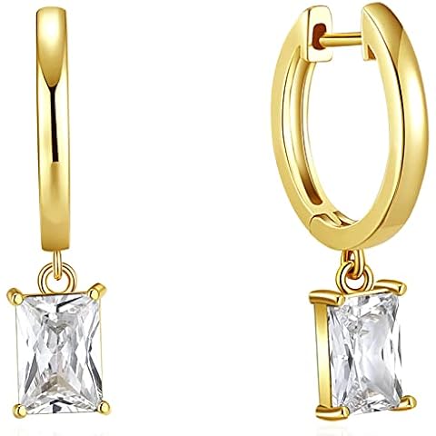 espere Clear Baguette CZ Dangle Hoops | 14K Gold Plated Sterling Silver | Emerald-Cut Baguette CZ Drop Huggie Earrings Cover