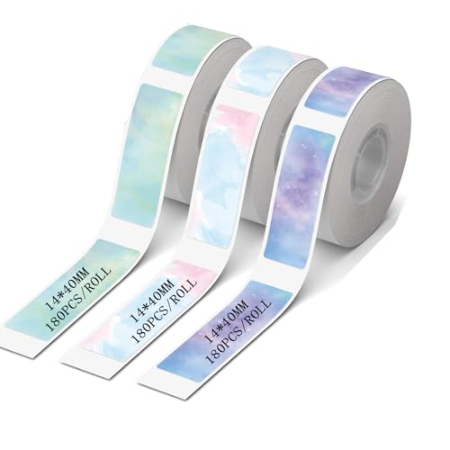 3 Rollen Etikettenband für D30/P11/HP1-Drucker, 14 × 40 mm, bedruckbar mit Barcodes, Namen, Preisen, geeignet für Zuhause, Schule und Büro (180 Etiketten pro Rolle) (Starlight)