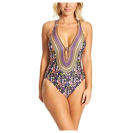 Zoggs - Costume da Bagno da Donna con Coppe in Schiuma, Donna, Costume Intero in Tessuto Ecologico con Coppe in Schiuma, 120619040, Marrone/Multicolore, 40-inch/Size 16