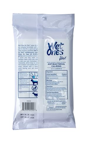 Image of Wet Ones for Pets Antibacterial Calming Dog Wipes with Chamomile and Lavender Scent - Kills 99.99% of Germs, Durable Disposable Paw Wipes for Pets, 30 Count