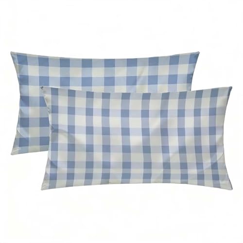 Funda Almohada 70x40 cm Pack 2, Funda Almohada Seda Azul, Rectangular Silk Pillowcase Decorativos, Suave y Fresca para Dormir, Fundas Cojin Enrejado Patrón Impresión a Doble Cara, Regalo Mujer -2231