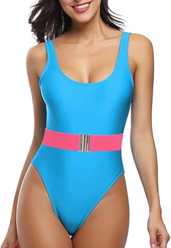 MIAIULIA Women's Retro 80s/90s Inspired High Cut Low Back Padding One Piece Swimwear Bathing Suits Belt Blue L