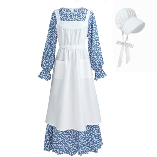 Nuoqi Pioneer Kleid für Damen, Prärie-Kleid mit Haube, langes Kolonial-Kostüm für Erwachsene, Blau, Groß