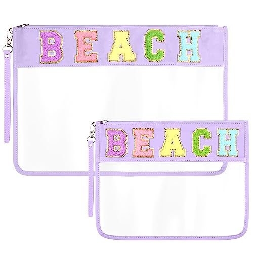 Zubebe 2 Size Chenille Letter Clear Beach Bag Clear Cosmetic Zipper Pouch Preppy Beach Vacation Waterproof Travel Organizer Toiletry Makeup Bag for Women, 16.5 x 11 Inches and 11.5 x 8 Inches