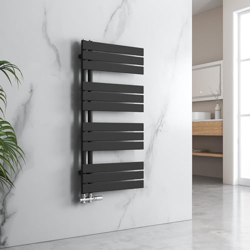 EMKE Radiador de baño, toallero, 1320 x 500 mm, conector lateral, plano, calentador de toallas, radiador de baño, color negro, 661 W