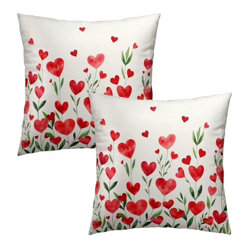 Valentine's Day Flower Throw Pillow Covers 12X12 Inches Set of 2 Red Love Heart Floral Pillowcase Soft Cotton Square Cushion Covers for Anniversary Wedding Home Sofa Bedroom Decoration
