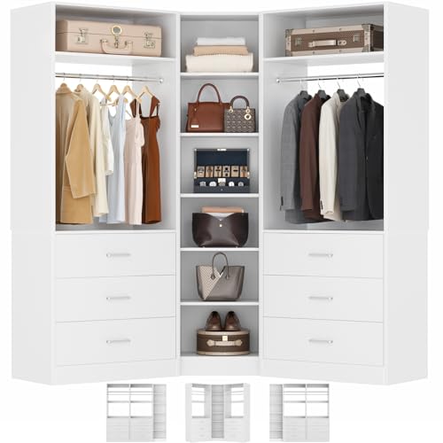 Besiost Closet System with 6 Drawers & 10 Shelves, Corner Closet Organizer System, Reversible Walk-in Closets, (L-Shaped 31.5" L * 31.5" W / I-Shaped 62.9" L * 15" W), Load 1500+LBS, White