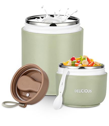 FAOKZE Taza de cereales 2 en 1, 430ml + 300ml taza de yogur de acero inoxidable con cuchara, para rellenar sopas, ensaladas, pasta, postres de yogur, para la escuela, oficina, viajes (green)