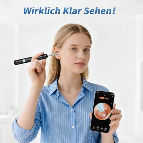 Qimic Ohrenschmalz Entferner Otoskop, WiFi Ohrreiniger, IP67 Wasserdicht und 360°-Weitwinkel Otoskop Kamera mit 6 LEDs für Erwachsene, Kinder und Haustier, Schwarz