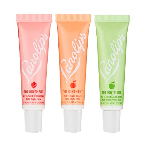 Lanolips 101 Ointment Fruities Trio - Fruity Lip Balm Gift Set & Stocking Stuffer - Strawberry, Peach & Green Apple Flavored Lip Moisturizer for Dry Lips - Dermatologist Tested (10g / 0.35oz each)