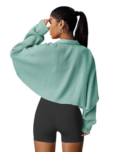Image of Panadila Women's Cropped Waffle Knit Shacket Short Button Down Jacket Batwing Sleeve Shirts with Pocket