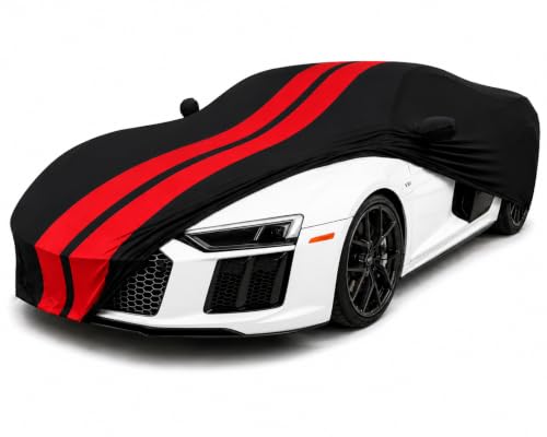 Image of SR1 Performance USA Audi R8 Car Cover Indoor Custom Fit 2008-2023 Ultraguard Stretch Satin - Soft Luxury Dustproof Garage Storage Cover for Audi R8 Coupe & Spyder (Black with Red Stripes)