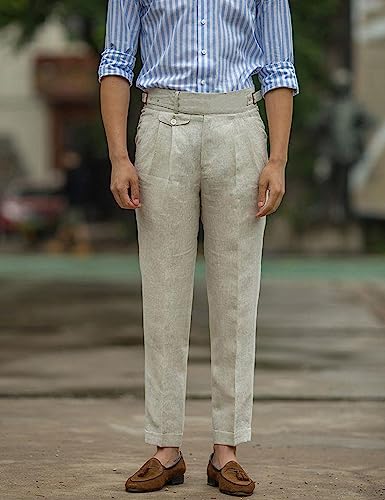 Snoly Men's Summer Retro Lightweight Linen Gurkha Trousers Tapered Leg Straight Flat Front Chino Pant3