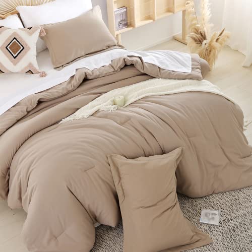 Weigelia 7Pc Queen Comforter Set Lightweight Microfiber Bed Comforter Set For All Season Solid Color Taupe Comforter With Fitted Sheets, Flat Sheets, Pillow Shams And Pillowcases #TOP1