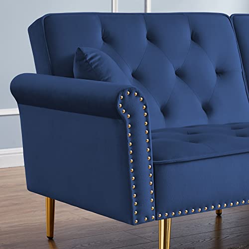 Kakotito Tufted Velvet Sofa Bed Sleeper With 2 Pillows, Luxury Loveseat Couch, Splitback Futon For Living Room & Office, Convertible Futon With Vintage Nailhead Trim And Metal Legs (Blue) #TOP4