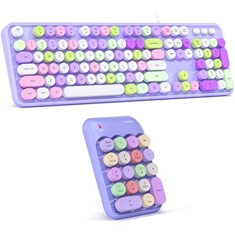 MOWUX Computer Keyboard Wired/Wireless Number Pads,Plug and Play USB Retro Round Typewriter Keyboard, Full Size Wired Keyboard with Foldable Stands for Laptop and Office PC- Purple Colorful Cover